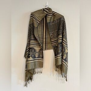 Striped and Patterned Shawl With Silver and Gold Thread